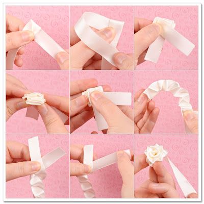 Ribbon Flowers Tutorial (Make flowers)  Fold both ends of the ribbon and pull the longer end. Sulaman Pita, Pola Macrame, Ribbon Flower Tutorial, Diy Flores, Ribbon Rosettes, Fleurs Diy, Rose Tutorial, Rose Headband, Ribbon Art