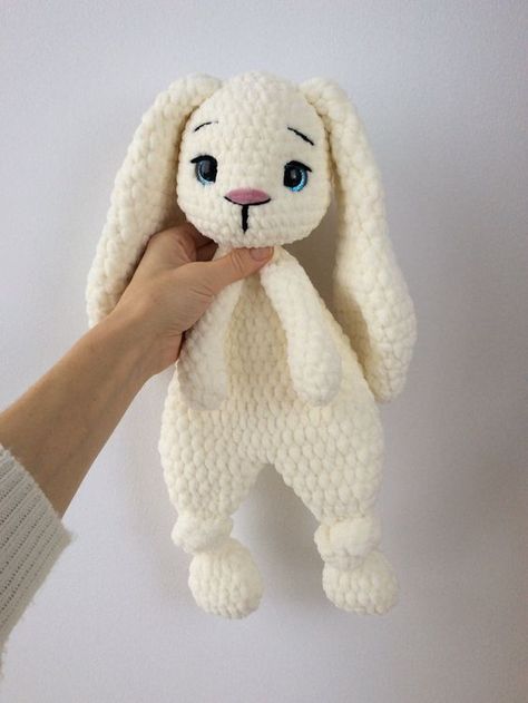 Long ears bunny Snuggler. Crochet plush Rabbit lovey. Stuffed bunny plush toy. Ecru - milky color Bunny. Large Bunny security blanket. Crochet toys free patterns easy #crochettoysfreepatternseasy #crochet #crochettoy #crochetpattern #crochetpatterns 4.977 Crochet Bunny Snuggler Free Pattern, Plush Bunny Crochet Pattern, Bunny Snuggler Crochet Pattern, Crochet Snuggles, Crochet Bunny Snuggler, Crochet Baby Shower Gifts, Bunny Security Blanket, Crochet Rabbit Free Pattern, Crochet Snuggler