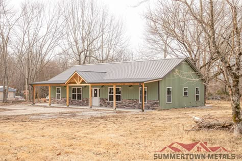 Two Story Metal Building Homes, Colony Green Metal Building, Metal Sided House, Metal Home Colors, Green Metal House, Steel Homes Metal Houses, Green Barndominium Exterior, Green Barndominium, Metal Building Colors