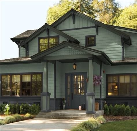 Look at the paint color combination I created with Benjamin Moore. Via @benjamin_moore. Main Siding: Lush AF-475; Trim: Waller Green CW-510; Accent: Mopboard Black CW-680; Door: Black Satin 2131-10. Sage Green House, Benjamin Moore Exterior Paint, Exterior House Paint Colors, Green Exterior House Colors, Green House Exterior, Benjamin Moore Exterior, Gray House Exterior, Exterior Paint Ideas, Exterior House Paint Color