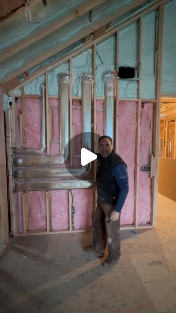 Evan Topilow on Instagram: "When vaulted ceilings prevent you from running ductwork in the traditional manner, we got creative. The HVAC unit supplying the second floor is located in the attic and the supply vents are typically in the ceiling. The only way to pass through this space was to come from the attic and run it down a double wall. —————————————- Architect: @gra.designstudio Designer: @ahdandco Insulation: @easterncontractorservices HVAC: @brighton_air_corp Lumberyard: @buildersgeneral Project Management: @buildbookhq ———————————- #hvac #ductwork #newconstruction #builder #insulation #finehomebuilding #sprayfoam #fiberglass #framing #framer #westfieldnj #scotchplainsnj #journaloflightconstruction #newjersey #njrealestate #209central #construction #contractor #homeimp Exposed Hvac Barndominium, Hvac System Design, Vaulted Ceiling Ideas, Hvac Ductwork, Hvac Design, Hvac Duct, Ceiling Vents, Attic Ventilation, Hvac Unit