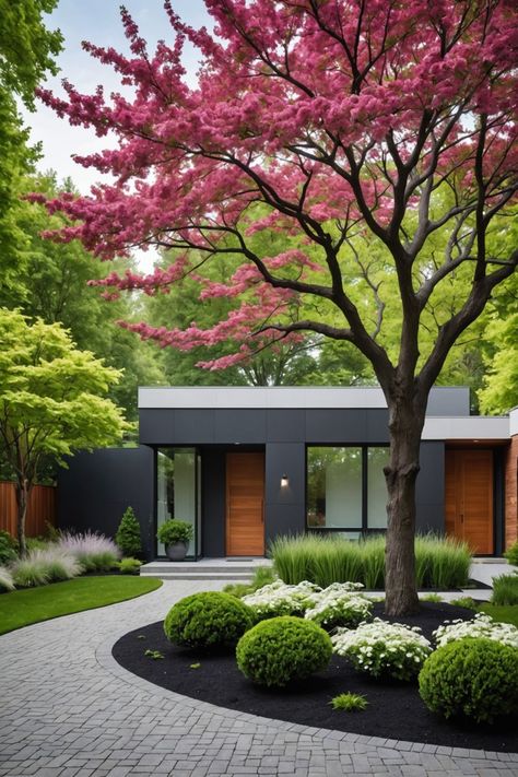 20 Modern Front Yard Landscaping Ideas - Toolz Geek Modern Front Landscape Design, Midcentury Modern Landscape Ideas, Large Lawn Landscaping Ideas, Upscale Landscaping Ideas, Front Yard Mid Century Landscaping, Best Front Yard Landscaping Ideas, Private Front Yard Ideas, Front Yard Landscaping Tennessee, Planting Front Of House