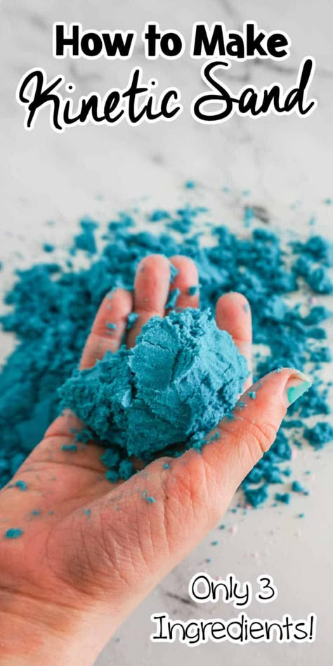 Kinetic Sand Recipe, Homemade Kinetic Sand, Make Kinetic Sand, Sand Recipe, Diy Kinetic Sand, Sands Recipe, Sand Clay, Blue Slime, Sensory Crafts