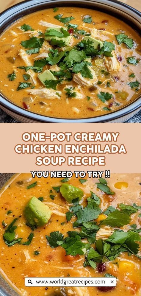 Discover the magic of a One-Pot Creamy Chicken Enchilada Soup that brings all the flavors of your favorite Mexican dish into a cozy bowl! This recipe is not only easy to follow but also ensures a rich and creamy texture that will have your taste buds dancing. With ingredients like enchilada sauce, corn, black beans, and cream cheese, this soup offers a burst of flavors that are both comforting and satisfying. Perfect for busy weeknights, it’s a dish you’ll want to make again and again! Chicken Enchilada Soup Easy, Enchilada Soup Easy, Creamy Enchilada Soup, Creamy Chicken Enchilada Soup, Chicken Cheese Enchiladas, Quick Easy Family Meals, Creamy Enchilada, Chicken Enchilada Soup Recipes, Enchilada Soup Recipe