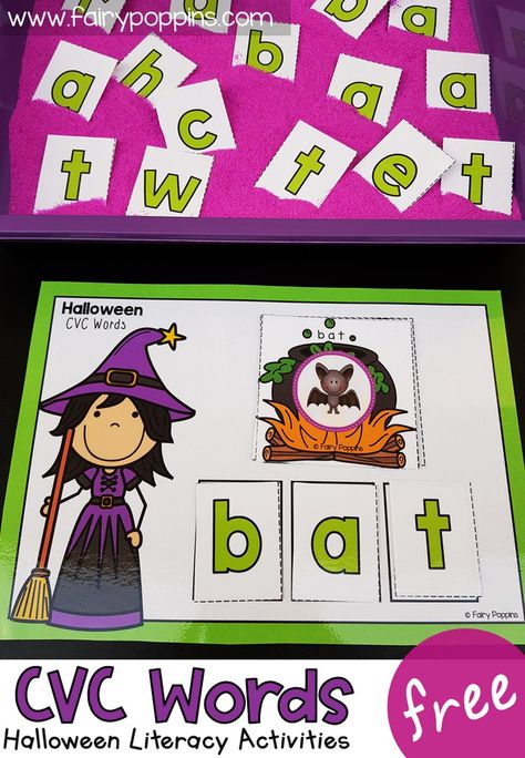 These FREE kindergarten literacy activities help kids learn about CVC words. They feature a cute Halloween theme. Kids can explore Halloween CVC words using a sensory tray, puzzles, word mat or worksheet. #freehalloweenactivities #kindergartenliteracy #cvcwords #kindergartencenters #halloweencenters #halloweenprintables #halloweenliteracy #kindergartenspelling #cvcactivities #kindergartenphonics #phonological awareness Kindergarten Literacy Activities, Halloween Literacy Activities, Halloween Literacy Centers, Fairy Poppins, Halloween Kindergarten Activities, Activities For Halloween, Halloween Literacy, Halloween Centers, Sensory Tray