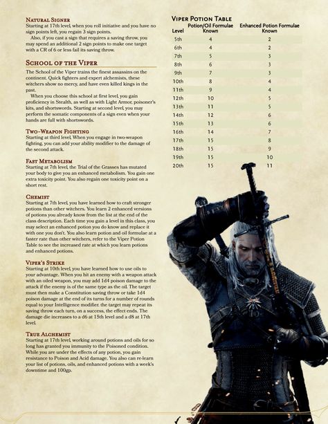 DnD 5e Homebrew — Witcher class by Mazzetti_ Witcher Dnd, Warlock Dnd, D D Classes, Dnd Classes, Dnd Races, Epic Characters, Dungeons And Dragons Classes, Dnd 5e Homebrew, Dnd Dragons