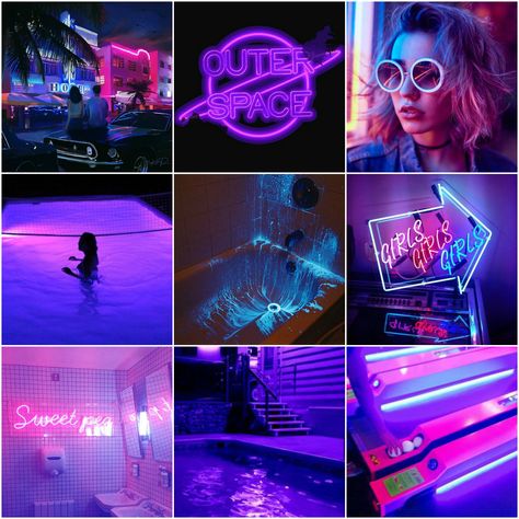 Neon Nights // moodboard Neon Mood Board, Song App, Neon Moodboard Aesthetic, Neon Goth Aesthetic, Neon Scene Aesthetic, Neon Cyberpunk Color Palette, Neon Moodboard, Neon Cyberpunk Aesthetic, Blue Purple Neon Aesthetic