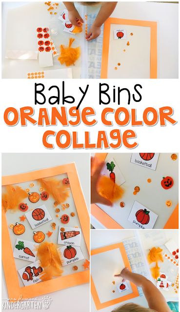 This orange color collage is great for learning the color orange and it is a completely baby safe craft. Plus there's no glue required so no sticky mess or glue eating to clean up! Baby Bins are perfect for learning with little ones between 12-24 months old. Color Activities For Toddlers, October Lessons, Orange Craft, The Color Orange, Orange Theme, Infant Classroom, Preschool Colors, Color Plan, Color Collage