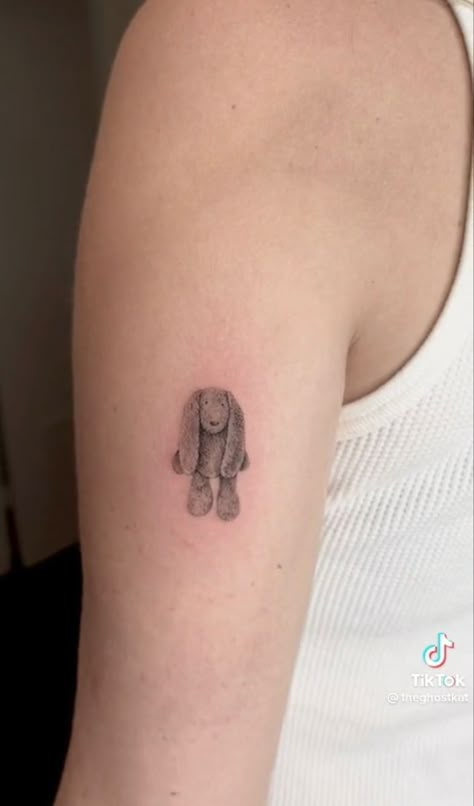 Rabbit Stuffed Animal Tattoo, Floppy Bunny Tattoo, Toy Bunny Tattoo, Jelly Cat Tattoo, Bunny Teddy Tattoo, Bunny Stuffed Animal Tattoo, Jellycat Tattoo, Monchichi Tattoo, Childhood Stuffed Animal Tattoo