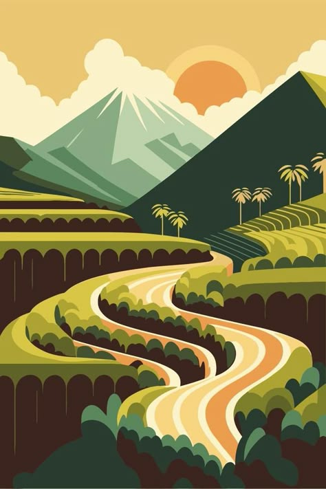 rice field terraces in mountains landscape poster vector flat color illustration background Scenery Vector Illustration, Vector Scenery Illustrations, Poster Color Landscape, Vector Poster Illustration, Person Vector Illustration, Flat Landscape Design, Graphic Landscape Illustration, Nature Graphic Design Poster, Poster Vector Design