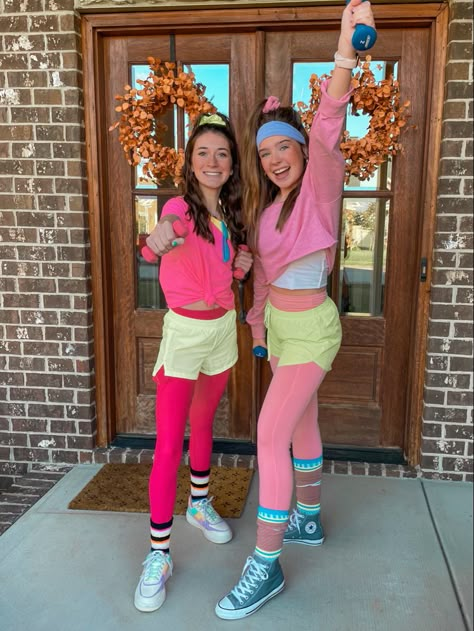 Neon 70s Outfit, Decades Day Spirit Week Outfit Ideas, Disco Neon Outfit, Decades Day Ideas Spirit Week, School Decades Day Outfits, 80s Outfit Ideas Spirit Week, 80s Outfits Neon, 80s Yoga Costume, Decades Day Outfits 80s