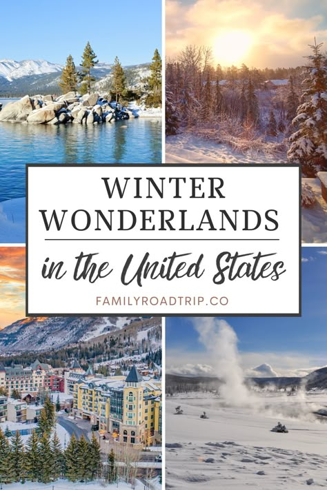 Top US destinations for winter travel in the USA. From magical Christmas towns to top ski destinations, get these wonderful winter destinations on your travel bucket list! Best places to visit in Winter | US winter vacations for families | Family Road Trip Colorado Winter Road Trip, Winter Places To Visit, Snowy Places To Travel, Winter Travel Destinations United States, Winter Road Trips In The Us, Winter Vacation Destinations, Best Places To Travel In Winter, East Coast Winter Vacation Ideas, Fun Places To Travel In The Us