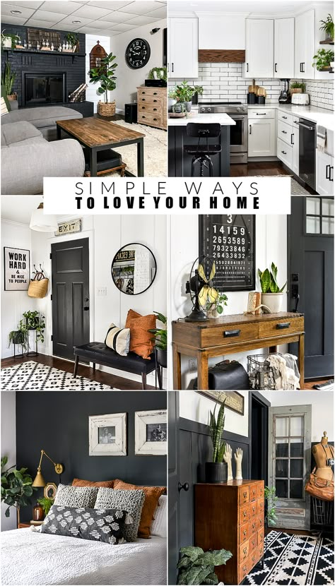 Simple and budget-friendly ideas to help you love your home, just the way it is! #decorating #homedesign #bugetdecorating #homedecor #homedesign Diy Modern Living Room Ideas, Modern Rustic Home Decor Ideas, Black Farmhouse Decor Living Room, Farmhouse Modern Apartment, Farmhouse Decor Black, Edgy Farmhouse Decor, Boho Chic Industrial Decor, Black And White Rustic Interior, Small Apartment Decorating Farmhouse