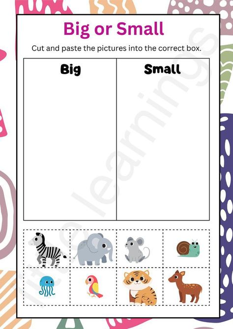 Big And Small Animals Worksheet, Big And Small Animals Activities, Big Or Small Activities, Cut Paste Activities For Kids, Worksheet Animals For Kids, Big Small Activities, Big And Small Activities For Toddlers, Big And Small Worksheets For Preschool, Big Or Small Worksheet