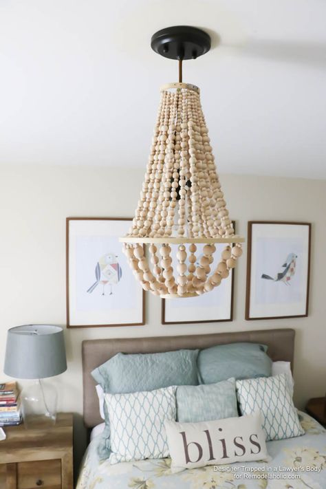 This wood bead chandelier is simple to make and costs SO much less than buying the designer version! Love this whole guest room. Diy Wood Bead Chandelier, Kattokruunu Diy, Chandelier Ideas, Bead Chandelier, Wood Bead Chandelier, Diy Light Fixtures, Wood Crafting, Diy Projektit, Easy Wood