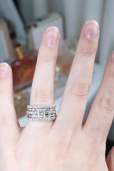 Princess Cut Ring Stack, Wedding Rings Stacked, Rings Engagement Princess, Rings Engagement Princess Cut, Branch Centerpieces Wedding, I Do Take Two, Trendy Wedding Rings, Wedding Rings Princess, Wedding Table Layouts