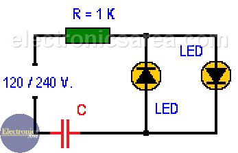 Light-Emitting diode connected to 120/240 VAC. This circuit shows 1 or 2 LEDs. The reduction of the AC input is achieved using a capacitor and a resistor Simple Circuit, Led Diodes, Navigation Lights, Electronic Circuit Projects, Electronic Circuit, Light Emitting Diode, Circuit Projects, Electronics Circuit, 1 Or 2