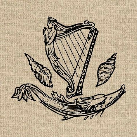 Harp Illustration, Harp Art, Walter Russell, Ireland Tattoo, Deep Images, Woodcut Tattoo, Celtic Harp, Irish Tattoos, Irish Harp