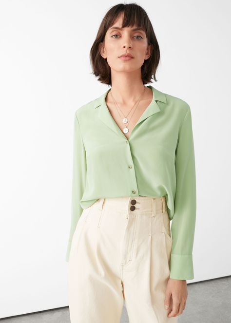 Light Green Blouse Outfit, Light Green Shirt Outfit, Green Blouse Outfit, Summer 23 Outfits, Absolute Colour System, Green Shirt Outfit, Green Shirt Outfits, Silk Shirt Outfit, Wardrobe Color Guide