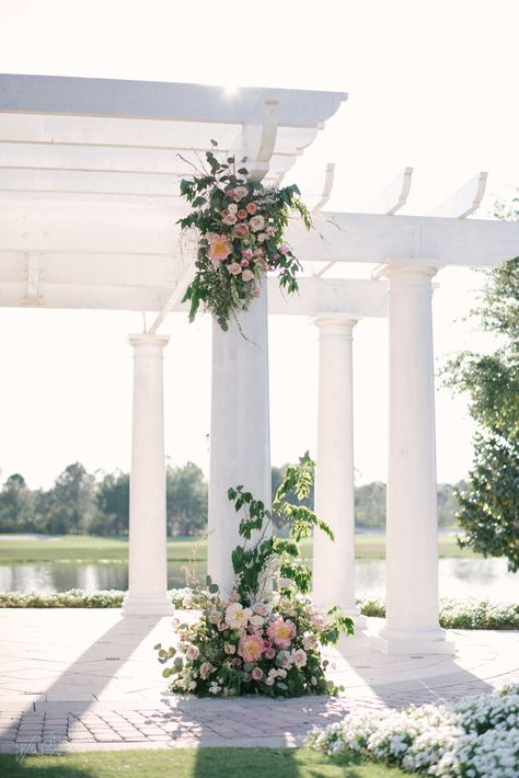 Pillar Decorations Columns, White Spirea, Cappuccino Rose, Vendela Rose, Variegated Pittosporum, Quicksand Rose, Pillar Decor, Peach Stock, Pink Begonia