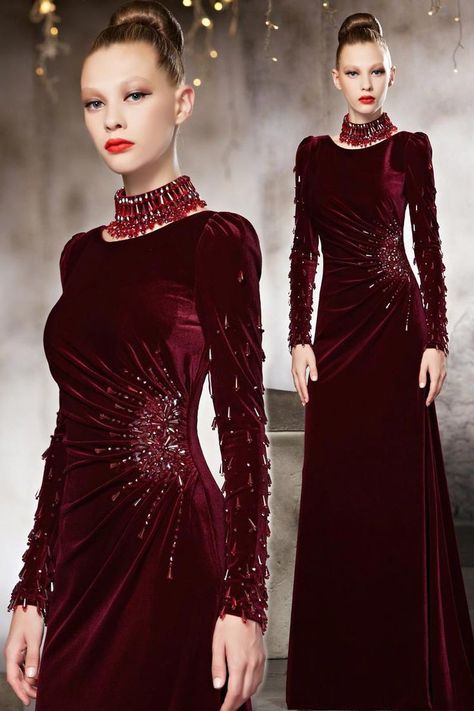 Soiree Dress, Red Velvet Dress, Hijab Styles, فستان سهرة, Velvet Fashion, Designer Dresses Indian, Embroidery Fashion, Fashion Tips For Women, Event Dresses