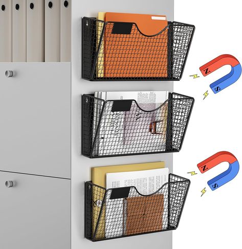 Each magnet file organizer has a large magnet on the back to provide the stable and strong magnetic suction, and each file holder can hold up to 13 lb, so you don’t have to worry about it falling off. Disclousure- affiliate link Small Office Organization, Wall File Organizer, Magazine Basket, Cubicle Makeover, Home Command Center, File Folder Organization, Cute Office Decor, Office Organization At Work, Wall File