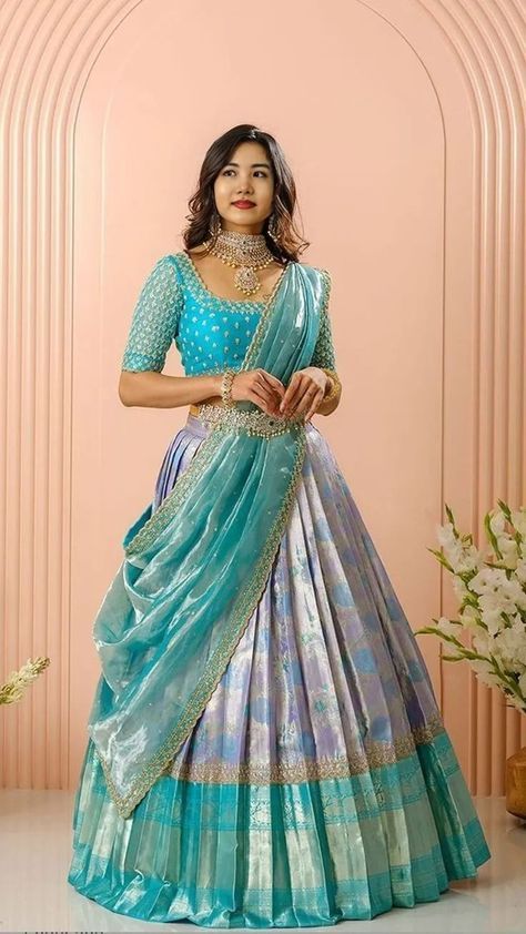 Lehanga Designs South Indian, Lehenga Half Saree Model, Half Saree For Function, Designer Half Sarees Weddings, Lehenga Designs For Marriage, Pattu Saree Half Saree, Pavadai Thavani Blouse Design, Blouse For Half Saree Designs, South Indian Wedding Lehengas Bridal