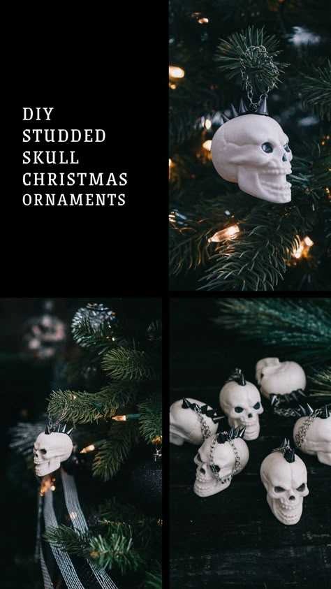 I’m so excited to share this easy DIY tutorial for Christmas! Learn how to make these chic (and a little creepy) studded skull ornaments! Diy Gothic Christmas Decorations, Goth Christmas Tree Ideas, Gothic Christmas Decorations Diy, Diy Dark Christmas Decorations, Diy Goth Christmas Decor, Spooky Christmas Decorations, Diy Goth Ornaments, Diy Gothic Christmas Ornaments, Gothic Christmas Aesthetic