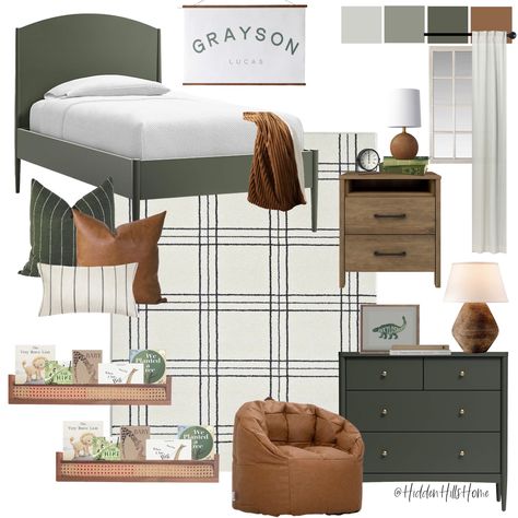 Dark Grey Playroom, Framed Bedroom Wall, Boys Neutral Bedding, Mcgee Boys Room, Bedroom Idea Board, Yellowstone Room Decor, Office Space In Open Concept Living Room, Boys Room Grey Bed, Boys Furniture Bedroom