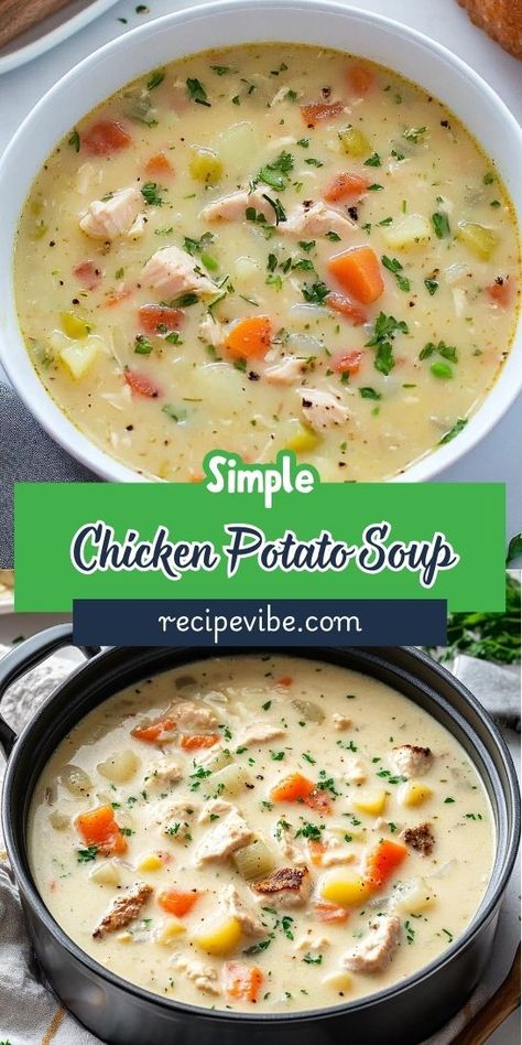 Craving a delicious and hearty soup to brighten your week? This Chicken Potato Soup Recipe is packed with wholesome ingredients that make mealtime easy and delightful. Don't forget to save it for those chilly evenings when comfort food is a must! Chicken Baked Potato Soup, Chicken And Potatoes Soup Recipes, Onion Potato Soup, Chicken Broccoli Soup, Chicken Broth Soup, Leftover Baked Potatoes, Chicken Potato Soup, Soup Recipe Easy, Chicken Potato Bake