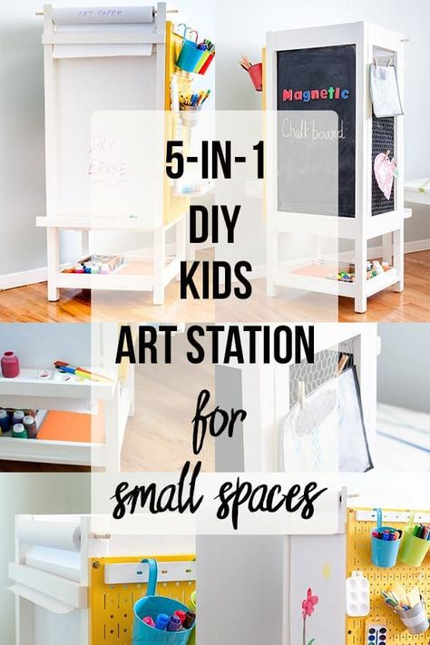 Love this idea! A fun DIY kids art station with organization, magnetic chalkboard, white board, art display, art paper holder and art supply organization. Perfect for small homes with no wall space to create a children's art station. #kidsroom #kidsactivities Diy Kids Art Station, Kids Art Station, White Board Art, Kids Art Display, Diy Kids Art, Displaying Kids Artwork, Supply Organization, Diy Kids Furniture, Art Display Kids