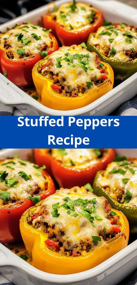 Need a quick, healthy meal? This Stuffed Peppers Recipe is a delicious, easy dinner idea perfect for beef dinner recipes or dinner for family and friends. Stuffed Bell Peppers Ground Beef And Rice Recipes, Simple Stuffed Bell Peppers, Stuffed Bell Peppers Ground Beef And Rice Skillet, Stuffed Red Peppers Ground Beef, Stuffed Bell Pepper Recipes Ground Beef, Easy Stuffed Peppers With Rice, Stuffed Bell Pepper Recipes, Ground Beef Stuffed Peppers, Stuffed Peppers Recipes