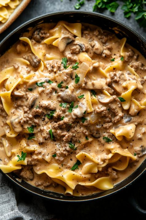 Ground Beef Stroganoff - An Organized Chaos Sausage Stroganoff Recipe, Ground Venison Stroganoff, Healthy Stroganoff Recipe, Homemade Stroganoff, Beef Stroganoff With Ground Beef, Hamburger Beef Stroganoff, Venison Stroganoff, Healthy Beef Stroganoff, Hamburger Stroganoff Recipe