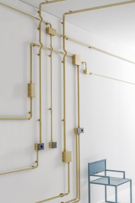 Conduit Lighting, Rustic Wall Lighting, Electrical Conduit, Electrical Work, Concrete House, Electrical Installation, Hammered Brass, Junction Boxes, Wall Finishes