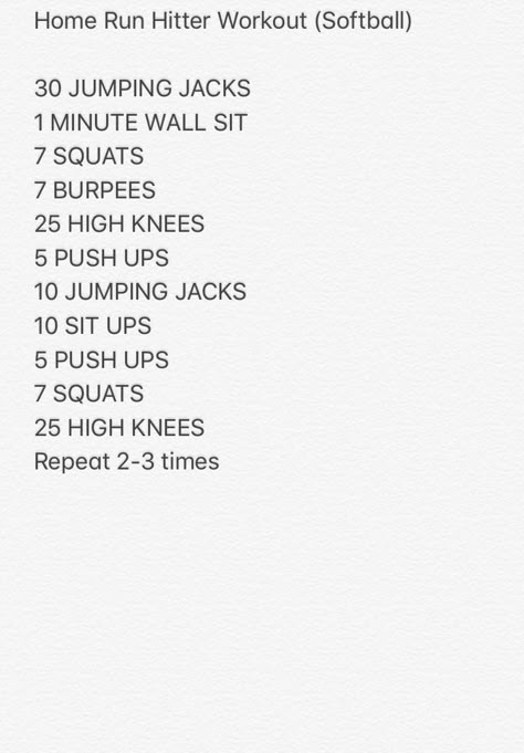 Want to be at the top of the lineup and home run ready? Do this workout! Conditioning Workouts Softball, Softball Cardio Workout, Good Softball Workouts, Softball Summer Workout, Softball Leg Workouts, At Home Softball Workouts, Workouts To Do Outside, Softball Weight Room Workouts, Softball Drills To Do At Home