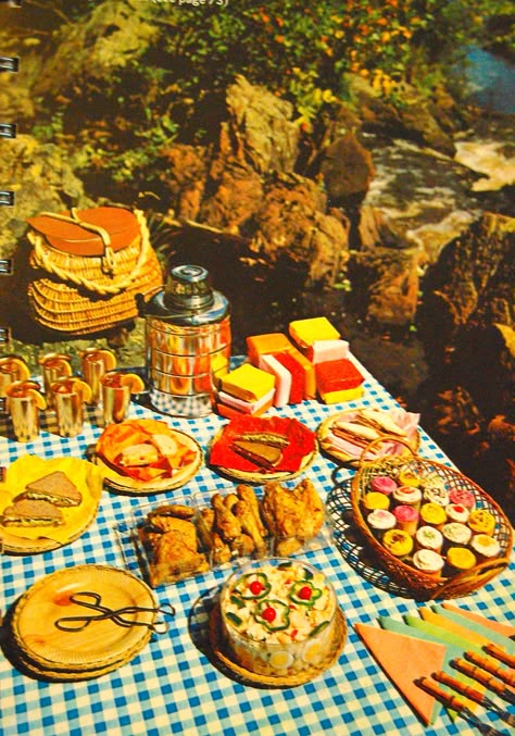 MCM era cookbook, picnic by the stream Tiny Human Shindig, Giki Tiki, Picnic Snacks, Video Mood, Why Not Me, Camping Inspiration, Picnic Inspiration, Summer Jam, Vintage Picnic