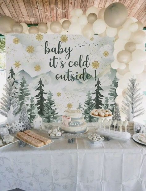 Snow Forest Baby Shower, Gender Reveal Themes January, Cute Gender Reveal Themes Winter, Gender Reveal In January, January Gender Reveal Party, December Gender Reveal Themes, Boy Baby Shower Winter Theme, Gender Reveal Party Christmas Theme, Winter Birthday Theme Ideas