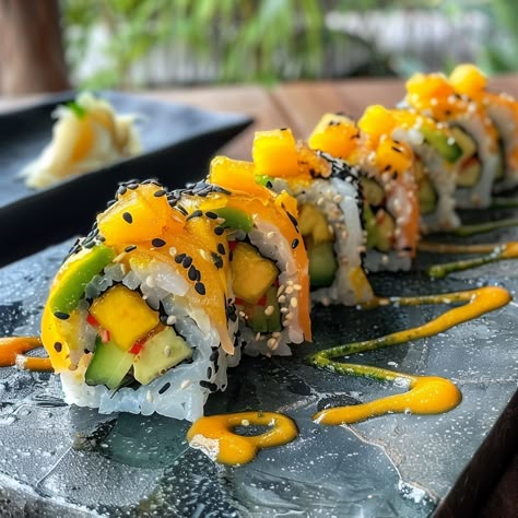 Enjoy the vibrant flavors of these Sushi Rolls with Mango and Chili, perfect for a refreshing and spicy twist on traditional sushi! 🍣🥭🌶️✨ Mango Roll Sushi, Mango Sushi Roll, Veg Sushi, Spicy Sushi, Mango Sushi, Traditional Sushi, Sushi Aesthetic, Chili Mango, Sushi Love