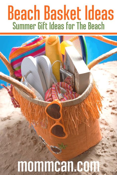 Check out these amazing Beach Theme Gift Basket Ideas! Surprise the ocean loving, beach dreaming person in your life with a great gift! #beach #gifts #diygiftbaskets #giftbaskets #summerstyle Beach Theme Hampers, Beach Baskets Ideas Summer Gifts, Tropical Basket Ideas, Beach Bag Raffle Basket Ideas, Summer Auction Basket Ideas, Pool Bag Gift Basket, Summer Baskets Gift Ideas, Pool Themed Gift Basket, Tropical Gift Basket Ideas