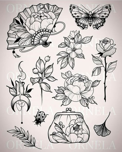 Glam Tattoo Ideas, Flash Tattoo Drawings, Flowers Flash Tattoo, Tattoo Flash Neotrad, Neo Trad Flash Sheet, Tattoo Portfolio Ideas Drawings, Neotraditional Tattoo Flash Sheet, Blackwork Tattoo Flash Sheet, Neotrad Flash