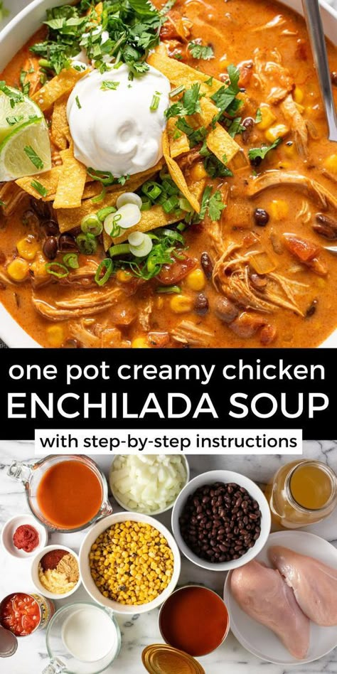 Chicken Enchilada Soup Stovetop, Creamy Chicken Enchilada Soup, Soups Fall, Creamy Enchilada, Enchilada Soup Recipe, Cozy Soups, Tortilla Strips, Creamy Chicken Enchiladas, Chicken Enchilada Soup