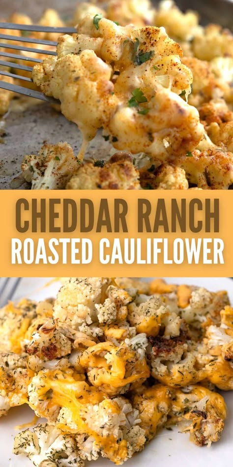 With the tangy flavors of cheddar cheese and ranch seasoning, this easy roasted cauliflower recipe is destined to become a new favorite side dish. Cheddar Ranch Roasted Cauliflower, Cheddar Bacon Ranch Roasted Cauliflower, Low Carb Side Dishes For Steak, Ranch Cauliflower Recipes, Cauliflower Sides Recipes, Cauliflower Side Dish Recipes Healthy, Califlower Recipes Raw, Delicious Veggie Sides, Easy Roasted Cauliflower Recipes