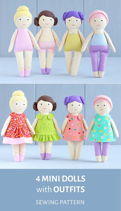 This collection of five digital sewing patterns, delivered as a handy PDF, empowers you to craft four delightful 6-inch mini rag dolls.  Detailed step-by-step photo instructions and full-size pattern pieces ensure a seamless sewing experience, even for beginners. Additionally, you'll receive a special 8-piece Summer capsule wardrobe designed exclusively for your miniature creations. Packed with helpful doll making tips and tricks, this pattern makes it easy to bring your vision to life and sew your own adorable cloth dress-up mini doll. 
.#FreeCrochetPatterns #SewingToys #KnittingPatterns #SewingDolls #FreeSewingPatterns Pdf Doll Pattern Free, Mini Rag Doll Pattern Free, Free Doll Patterns To Sew, Doll Patterns Free Sewing, Basket Sewing Pattern, Doll Patterns Free, Cloth Dolls Handmade, Rag Doll Pattern, Mini Dolls