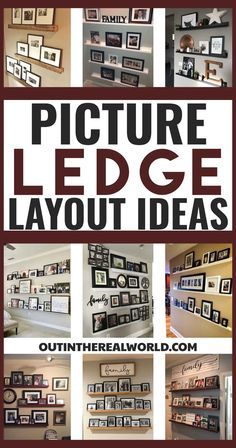 3 Picture Shelf Display, Layering Frames On Shelf, Wall Shelves For Pictures, Gallery Wall With Ledges, How To Display Picture Frames, Wall Collage Ideas With Shelves, Shelving In Hallway, Decorating Picture Ledges, 4 Shelves On Wall Arrangement