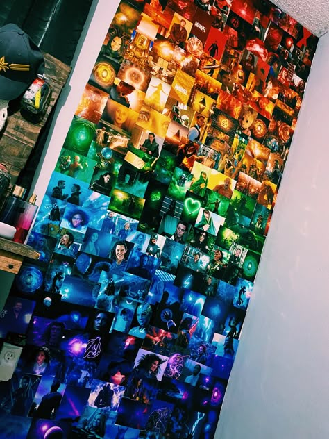 Marvel Dorm Room Ideas, Marvel Wall Pictures, Marvel Avengers Bedroom Ideas, Marvel Wall Mural, Marvel Photo Wall Collage Bedroom, Marvel Wall Collage Pictures, Marvel Room Ideas Aesthetic, Marvel Aesthetic Room, Marvel Picture Wall