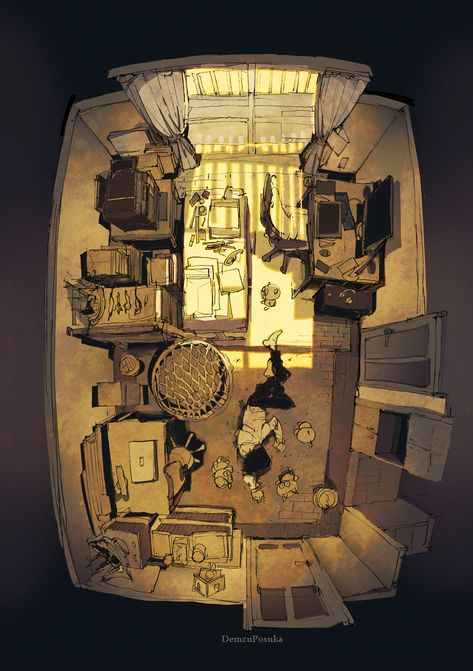 Rooms In Perspective, Bottom Perspective Reference, Draw Room Perspective, 1st Person Point Of View Drawing, Study Room Drawing, Drawing Rooms In Perspective, Room Illust, Top View Perspective, Room Perspective From Above Drawing