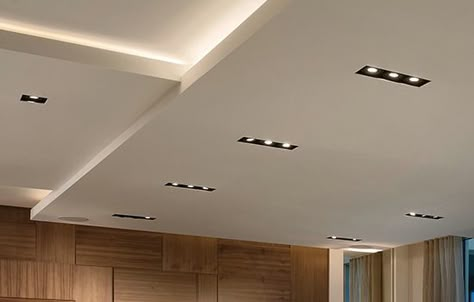 Recessed Lighting In Office, Spotlight Bedroom Lighting, Led Spotlight Ceiling Living Rooms, Recessed Lighting Ideas Living Room Master Bedrooms, Trimless Recessed Lighting, Square Recessed Lighting Ceilings, Square Ceiling Design, Square Can Lights, Recessed Ceiling Lighting