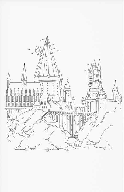 Outline Of Hogwarts Castle, Sketch Of Hogwarts Castle, Harry Potter Artwork Draw, Hogwarts Castle Coloring Page, Harry Potter Castle Sketch, Hogwarts Castle Line Art, Harry Potter Castle Drawing Easy, Simple Hogwarts Drawing, Hogwarts Pencil Drawing