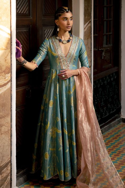 Shop for these amazing collections of Blue Anarkali: Tissue Silk Printed And Embroidered Floral With Dupatta For Women by Rajiramniq online at Aza Fashions. Luxury Art Silk Anarkali Set With Zari Weaving, Luxury Multicolor Embroidered Anarkali Set With Dabka Work, Luxury Silk Thread Anarkali Set With Resham Embroidery, Luxury Katan Silk Anarkali Set With Zari Weaving, Luxury Slub Silk Anarkali Set With Dori Work, Luxury Raw Silk Unstitched Anarkali Suit, Luxury Raw Silk Anarkali Set With Motifs, Luxury Anarkali Blouse Piece In Dola Silk, Luxury Slub Silk Anarkali Set With Gota Work