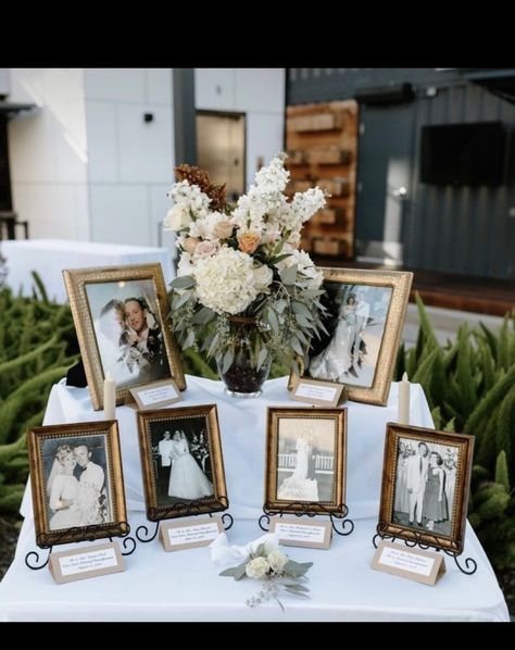 Wedding Centerpiece Arrangements, How To Incorporate Pictures In A Wedding, Generations Of Love Table, Family Table Wedding, Generations Of Love Wedding Table, Wedding Entry Table Ideas, Wedding Memory Table, Wedding Photo Table, Modern Industrial Wedding